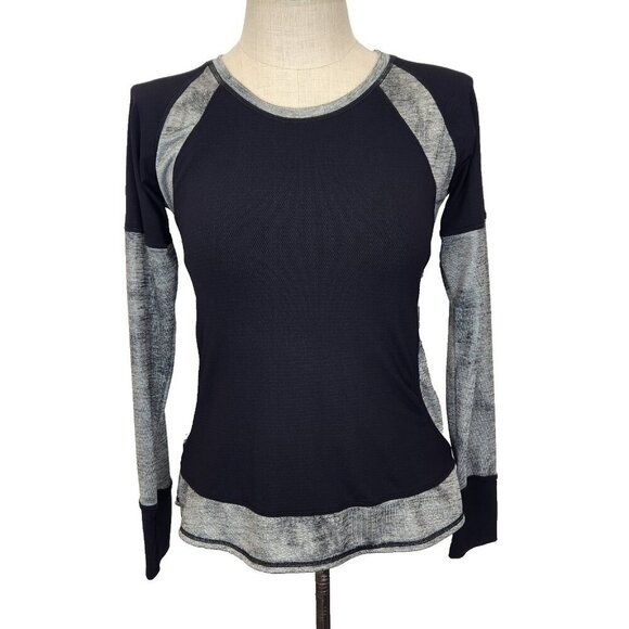 Nux Long Sleeve Workout Top M Black Silver Colorblock Crew Neck Activewear - Picture 1 of 9